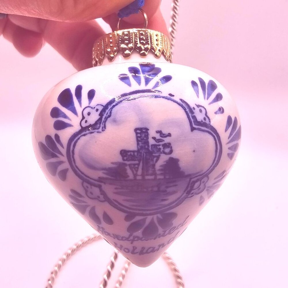 Hand-Painted Delft Blue Heart‎ Ornament Holland Windmill Scene Ceramic